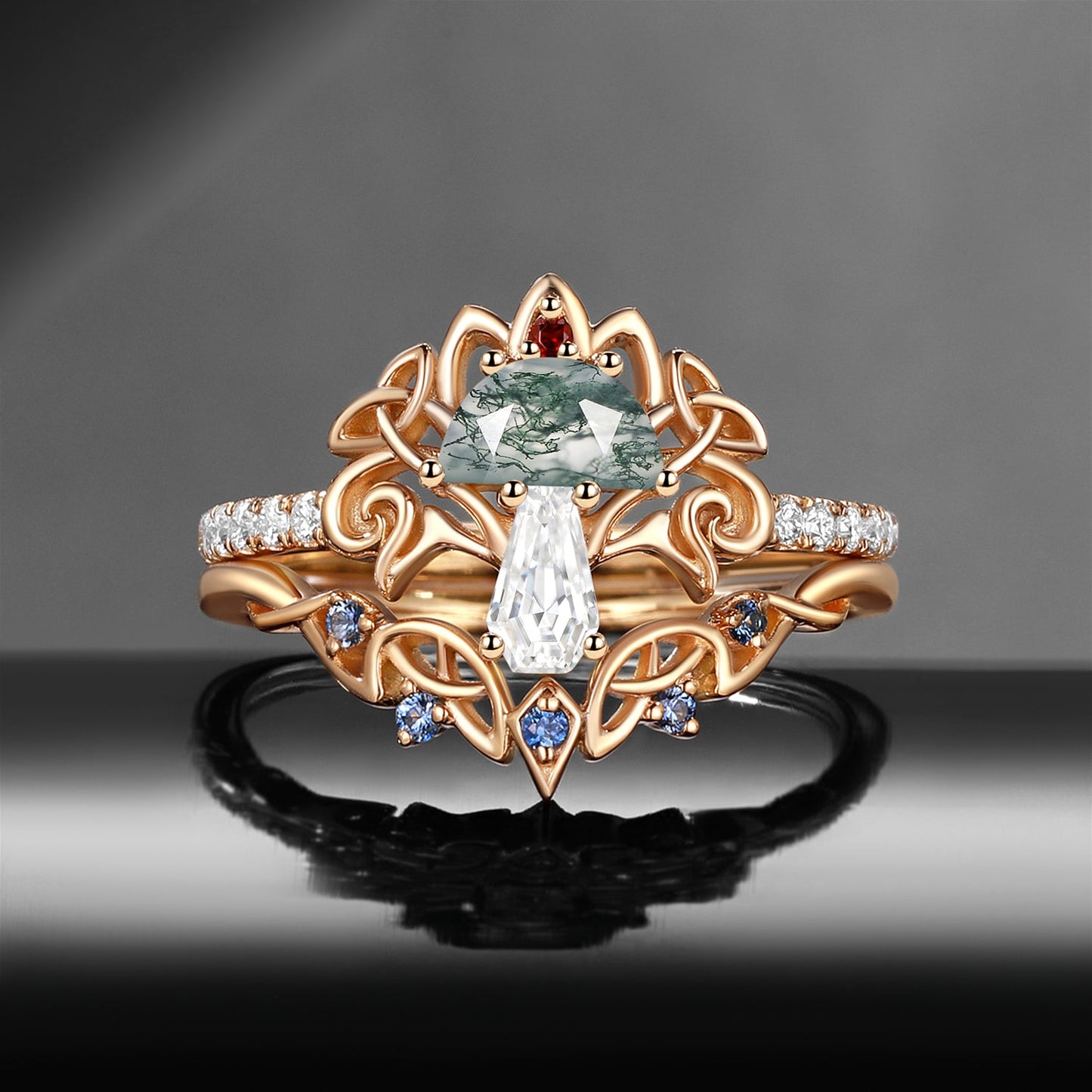 Tree of Life - Nature Inspired Maximalist Half Moon Moss Agate + Coffin Moissanite Mushroom Engagement Ring Set with Half Eternity Band
