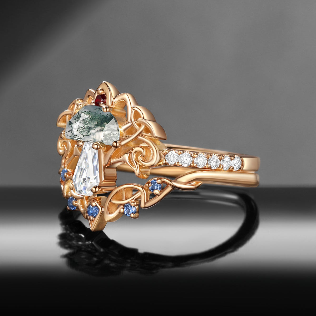 Tree of Life - Nature Inspired Maximalist Half Moon Moss Agate + Coffin Moissanite Mushroom Engagement Ring Set with Half Eternity Band