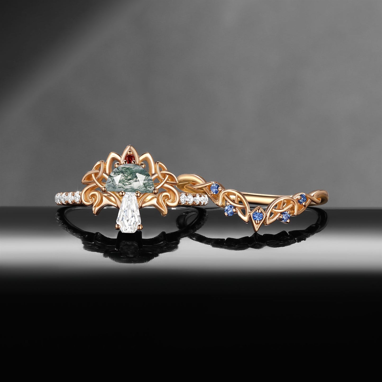 Tree of Life - Nature Inspired Maximalist Half Moon Moss Agate + Coffin Moissanite Mushroom Engagement Ring Set with Half Eternity Band
