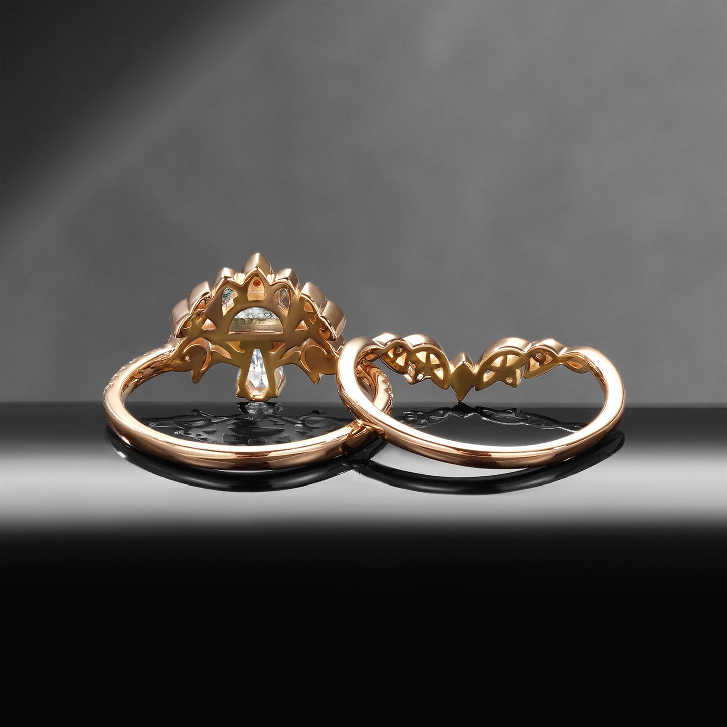 Tree of Life - Nature Inspired Maximalist Half Moon Moss Agate + Coffin Moissanite Mushroom Engagement Ring Set with Half Eternity Band