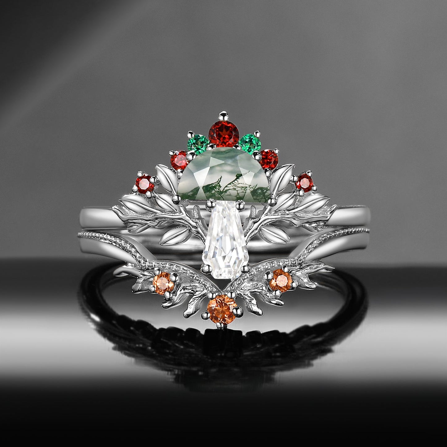 Tree of Life - Nature Inspired Half Moon Moss Agate + Coffin Moissanite Mushroom Engagement Ring Set with Milgrain Detailing