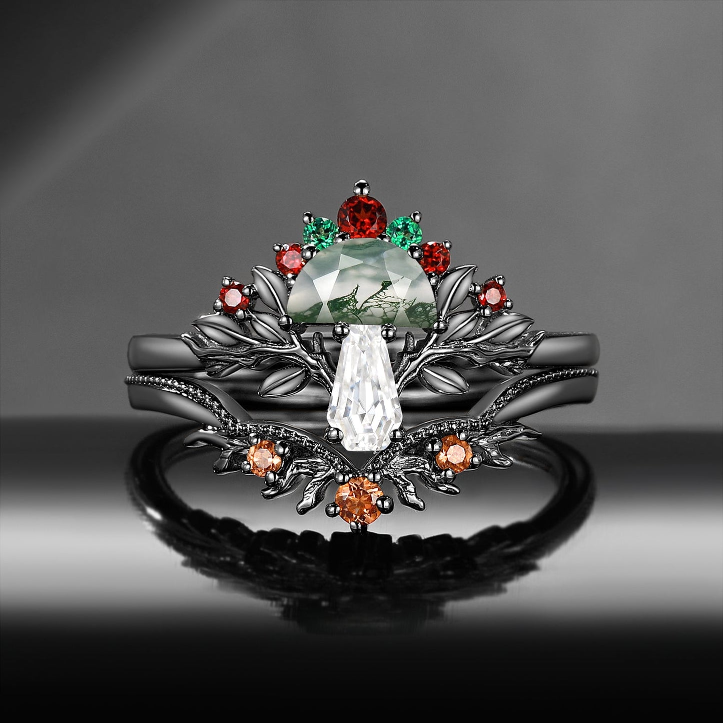 Tree of Life - Nature Inspired Half Moon Moss Agate + Coffin Moissanite Mushroom Engagement Ring Set with Milgrain Detailing