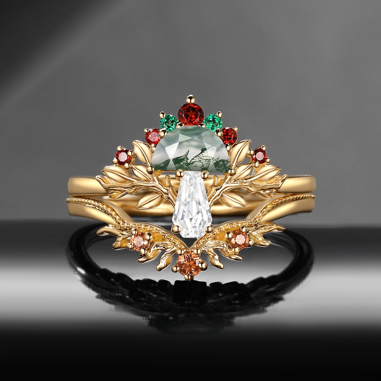 Tree of Life - Nature Inspired Half Moon Moss Agate + Coffin Moissanite Mushroom Engagement Ring Set with Milgrain Detailing