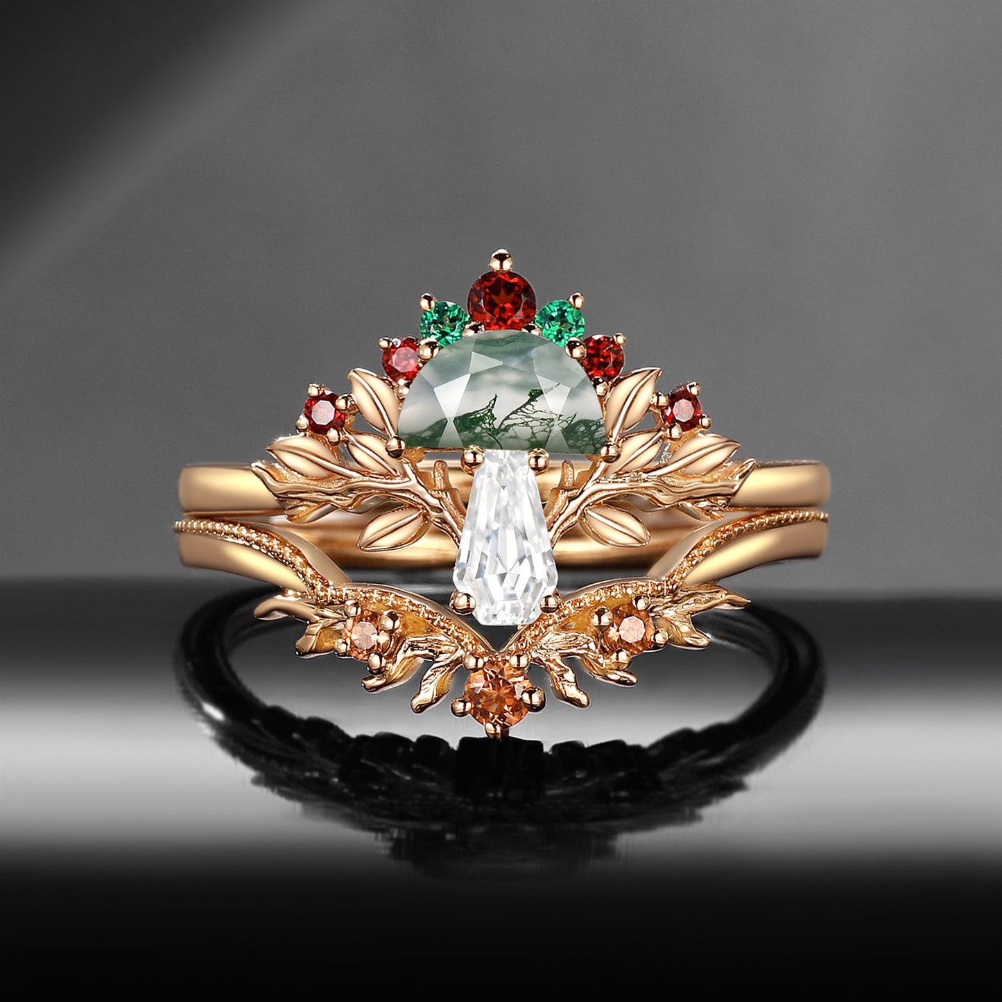 Tree of Life - Nature Inspired Half Moon Moss Agate + Coffin Moissanite Mushroom Engagement Ring Set with Milgrain Detailing