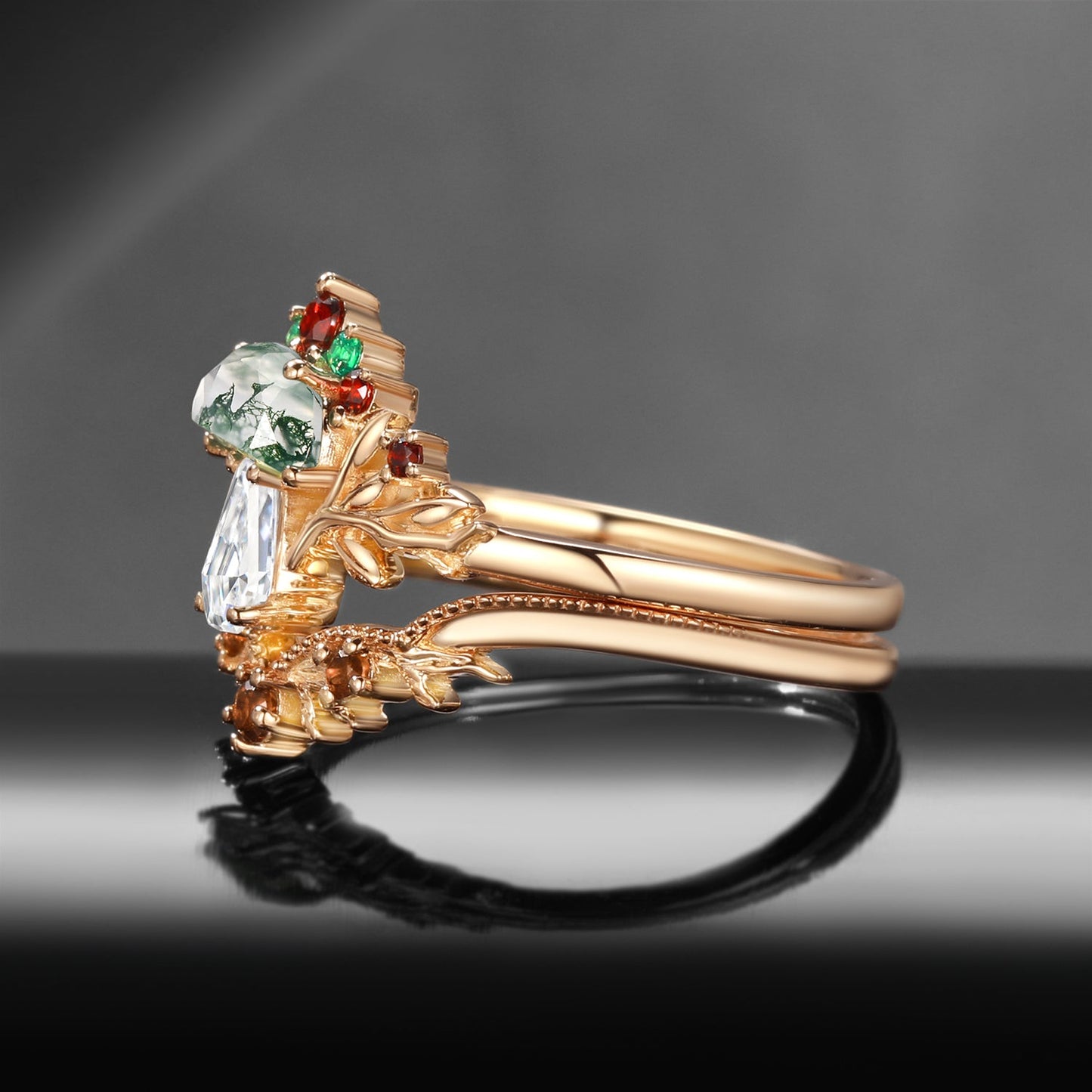 Tree of Life - Nature Inspired Half Moon Moss Agate + Coffin Moissanite Mushroom Engagement Ring Set with Milgrain Detailing