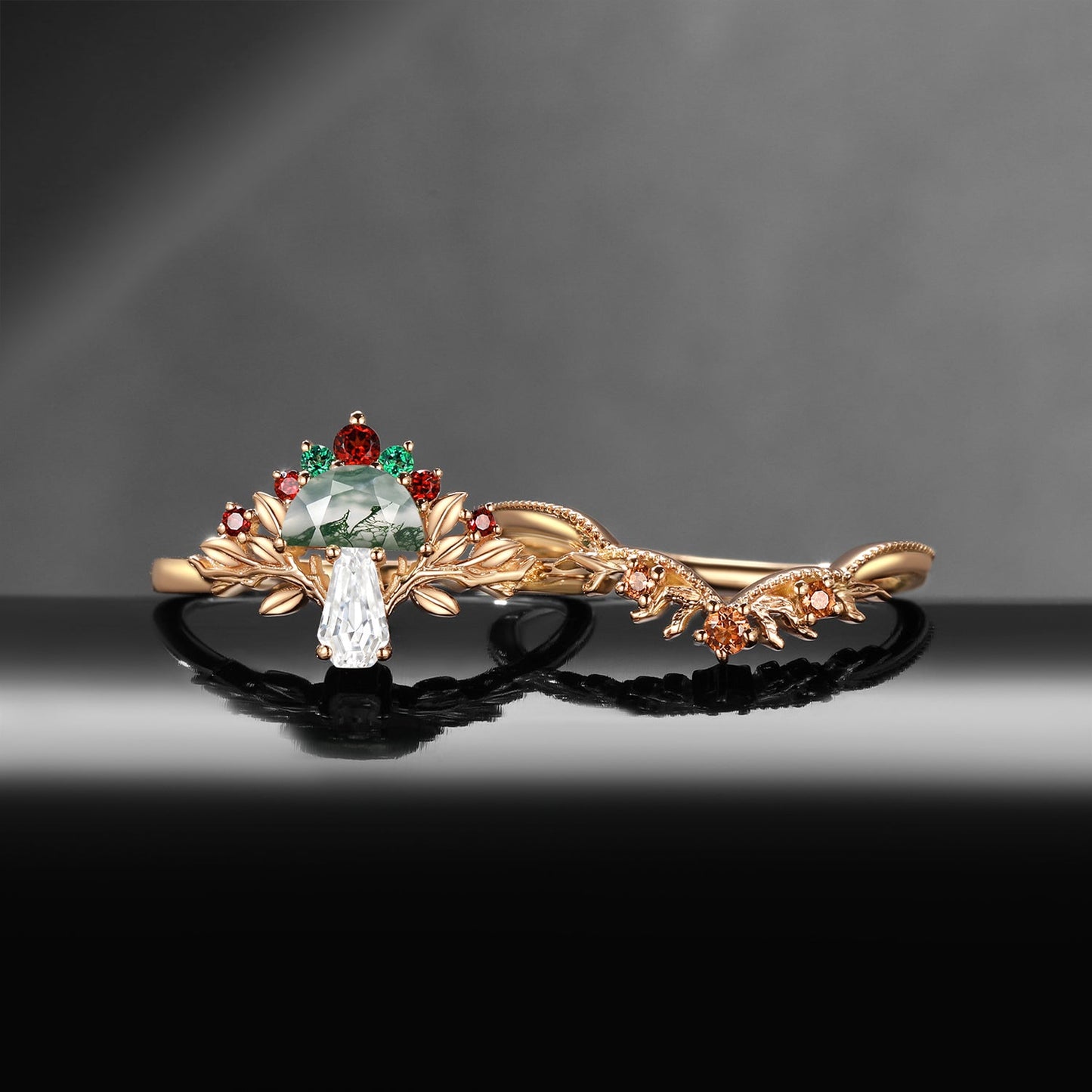 Tree of Life - Nature Inspired Half Moon Moss Agate + Coffin Moissanite Mushroom Engagement Ring Set with Milgrain Detailing