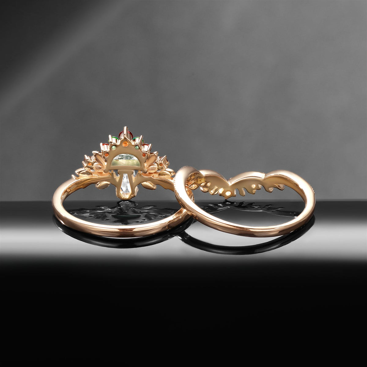 Tree of Life - Nature Inspired Half Moon Moss Agate + Coffin Moissanite Mushroom Engagement Ring Set with Milgrain Detailing