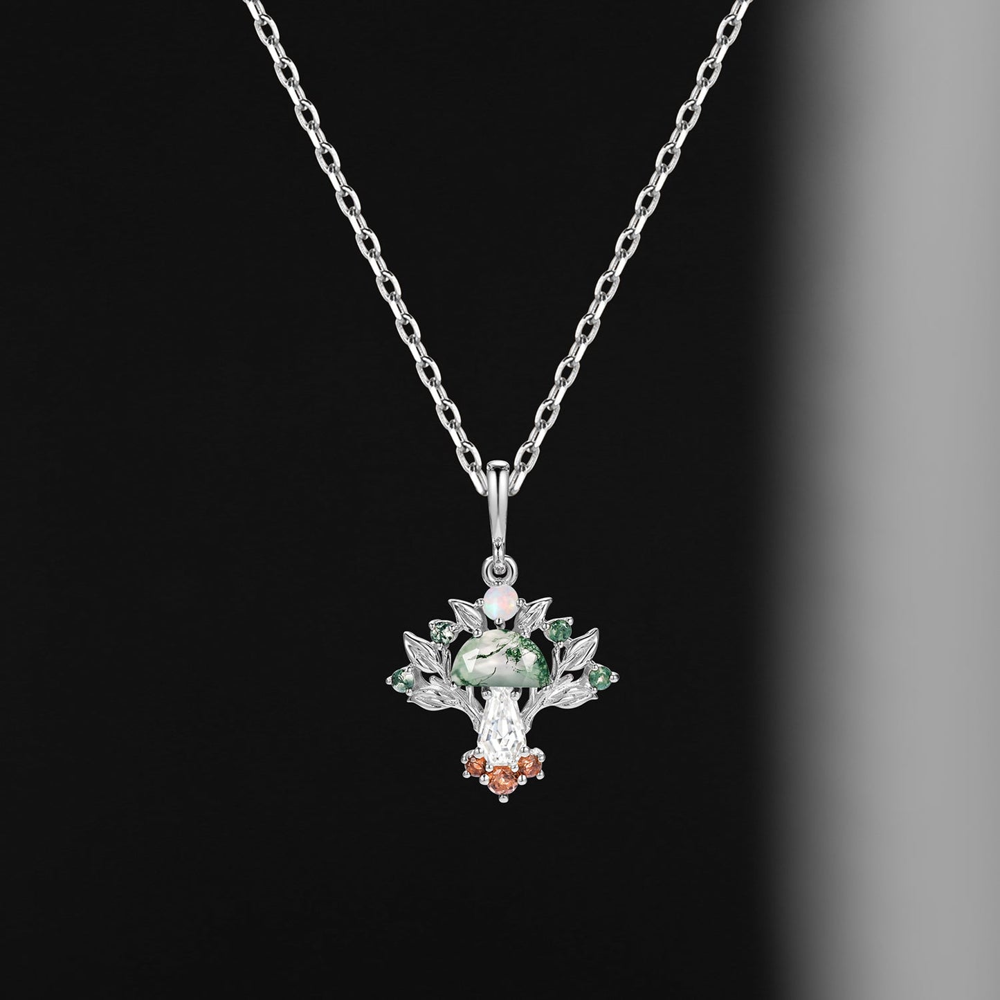 Tree of Life - Nature Inspired Half Moon Moss Agate + Coffin Moissanite Deluxe Mushroom Necklace