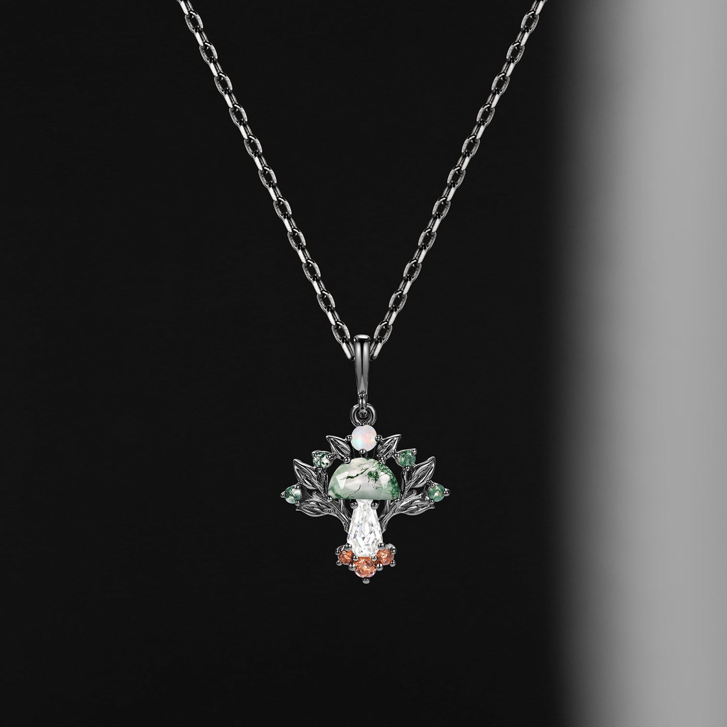 Tree of Life - Nature Inspired Half Moon Moss Agate + Coffin Moissanite Deluxe Mushroom Necklace