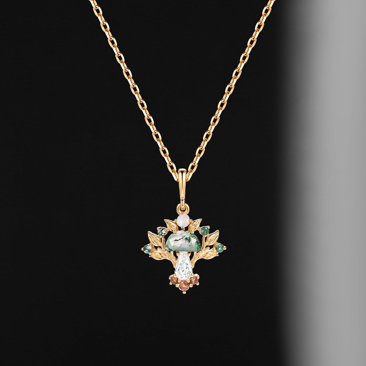 Tree of Life - Nature Inspired Half Moon Moss Agate + Coffin Moissanite Deluxe Mushroom Necklace