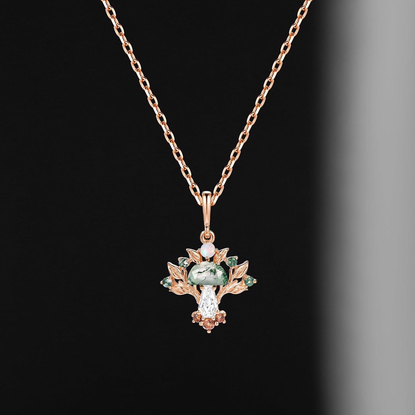 Tree of Life - Nature Inspired Half Moon Moss Agate + Coffin Moissanite Deluxe Mushroom Necklace