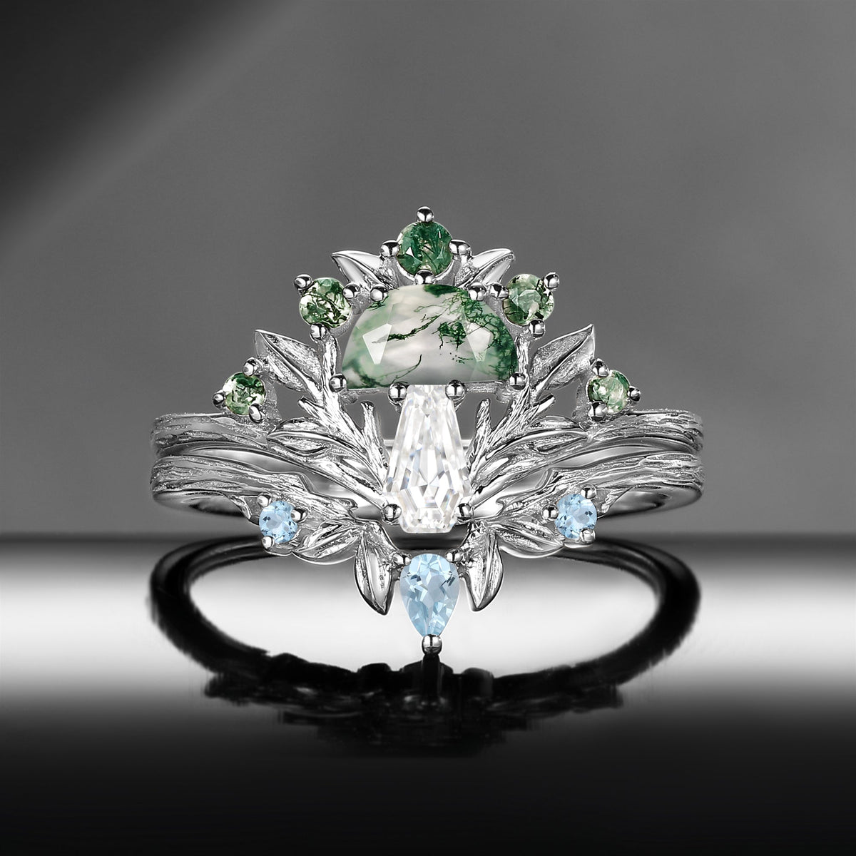 Tree of Life – Nature Inspired Half Moon Moss Agate & Coffin Moissanite Mushroom Engagement Ring Set with Bark Textured Band