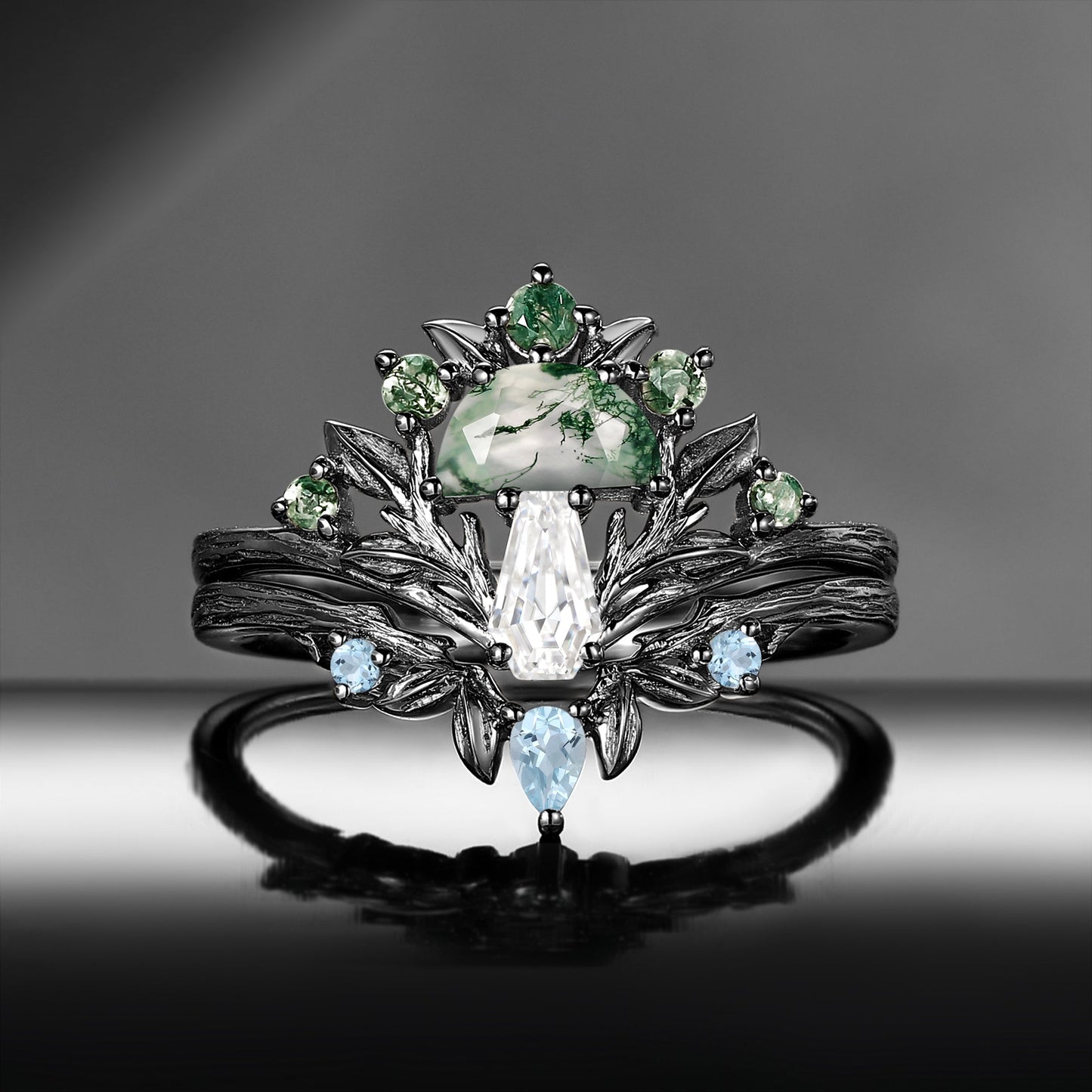 Tree of Life – Nature Inspired Half Moon Moss Agate & Coffin Moissanite Mushroom Engagement Ring Set with Bark Textured Band