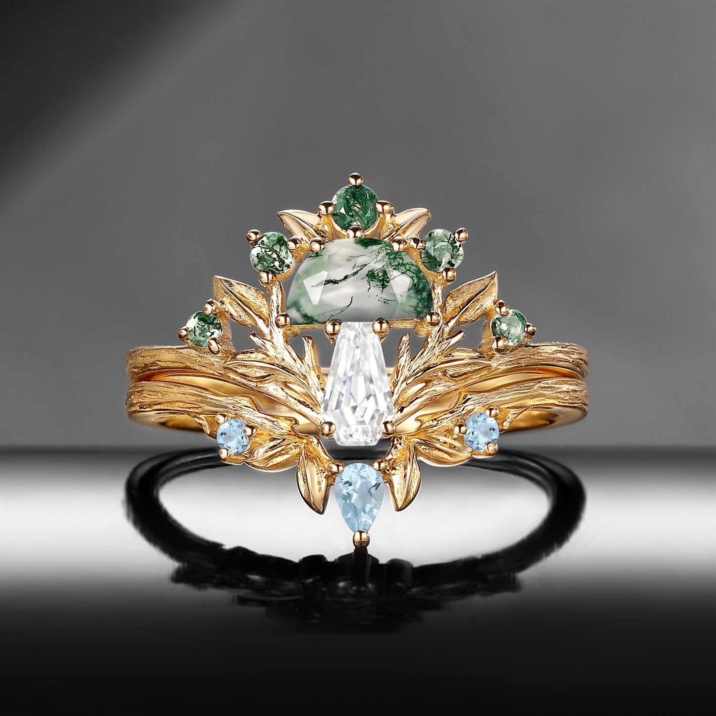 Tree of Life – Nature Inspired Half Moon Moss Agate & Coffin Moissanite Mushroom Engagement Ring Set with Bark Textured Band