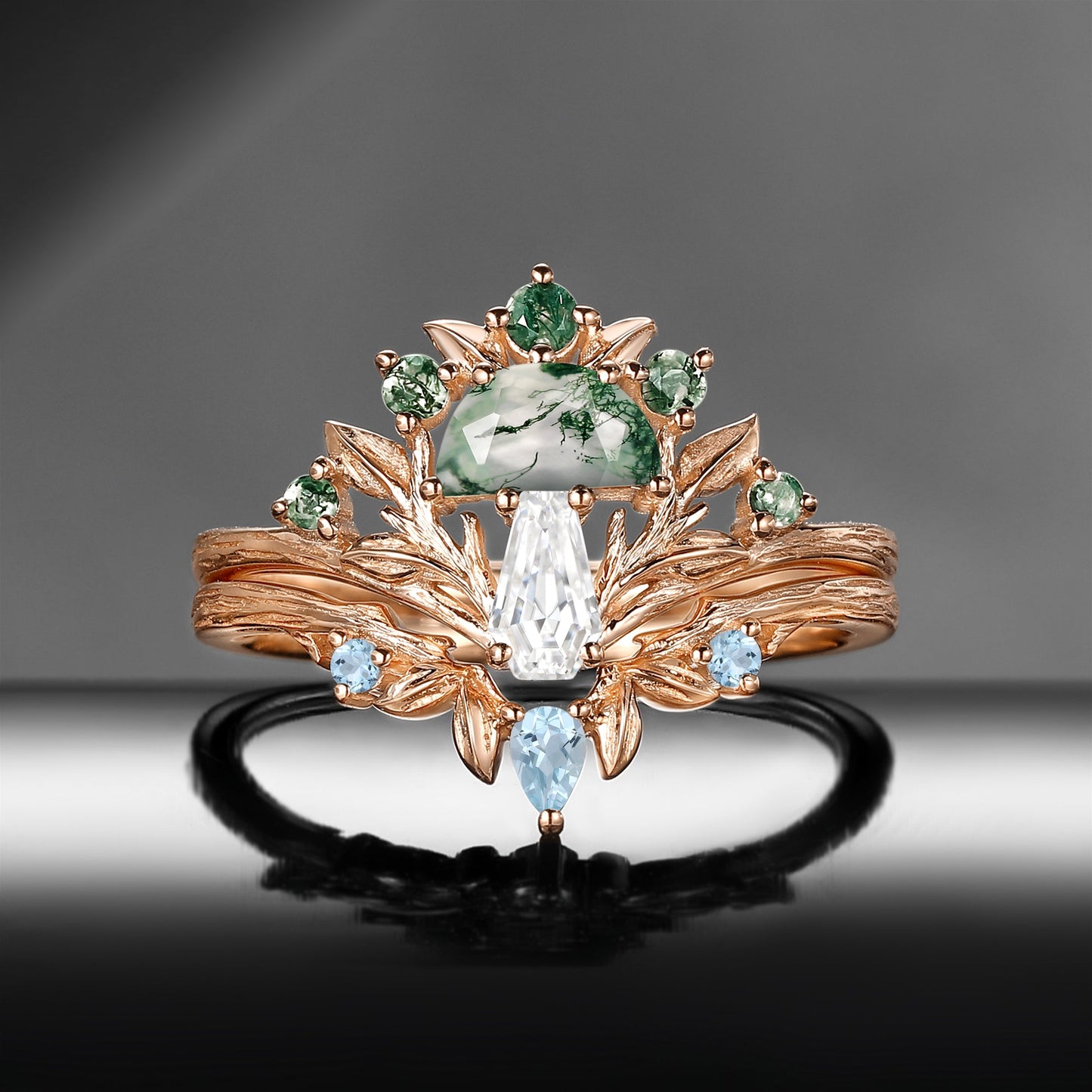 Tree of Life – Nature Inspired Half Moon Moss Agate & Coffin Moissanite Mushroom Engagement Ring Set with Bark Textured Band