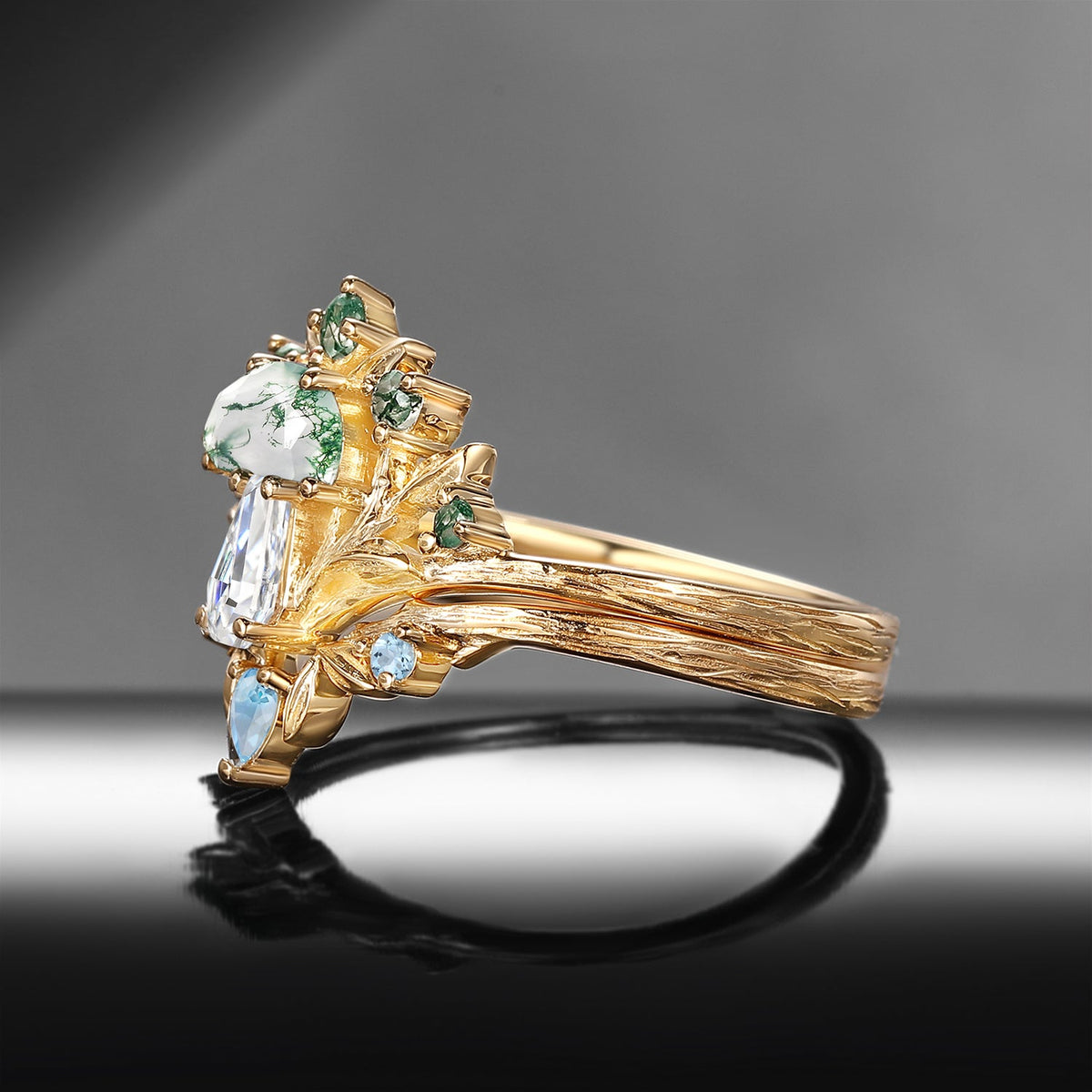Tree of Life – Nature Inspired Half Moon Moss Agate & Coffin Moissanite Mushroom Engagement Ring Set with Bark Textured Band