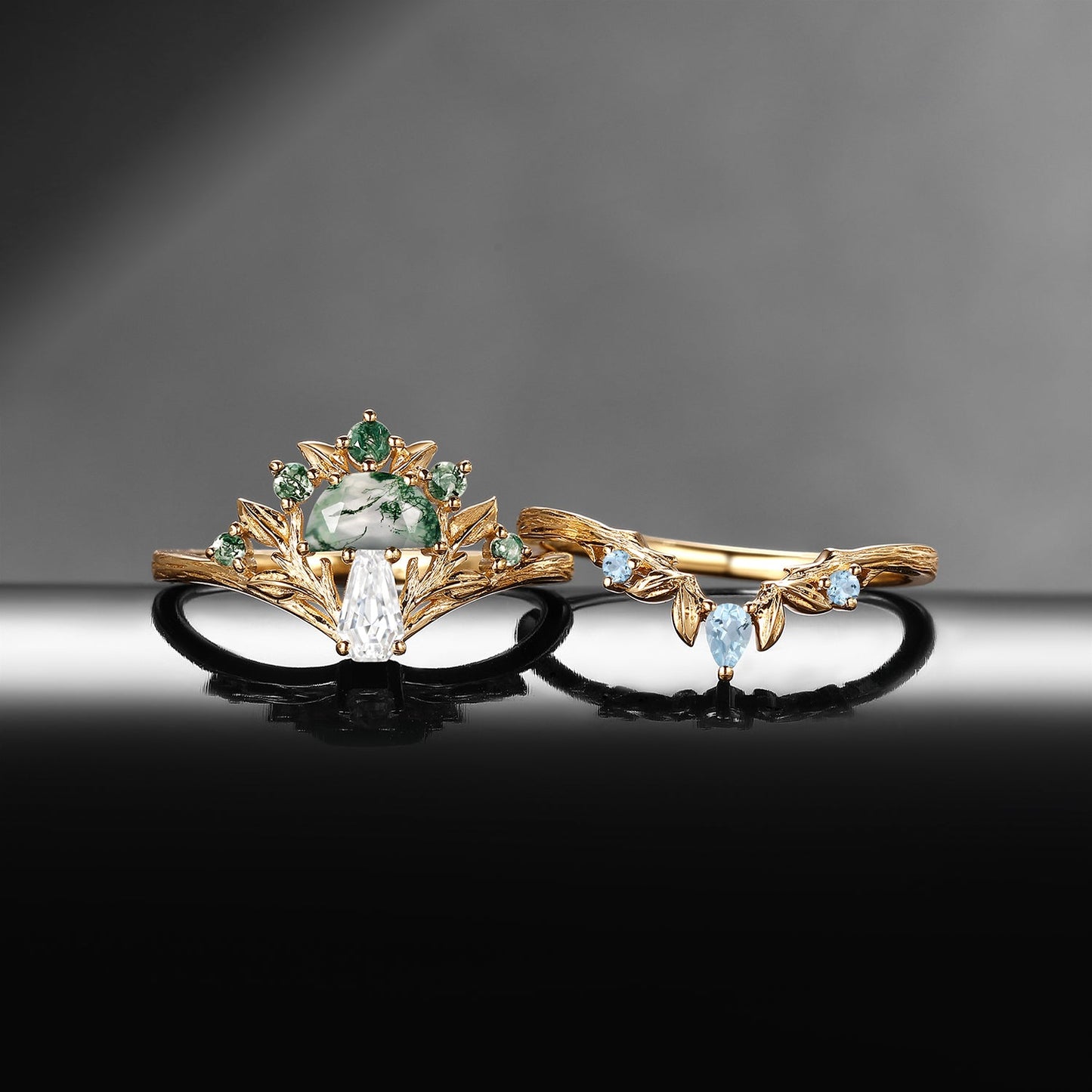 Tree of Life – Nature Inspired Half Moon Moss Agate & Coffin Moissanite Mushroom Engagement Ring Set with Bark Textured Band