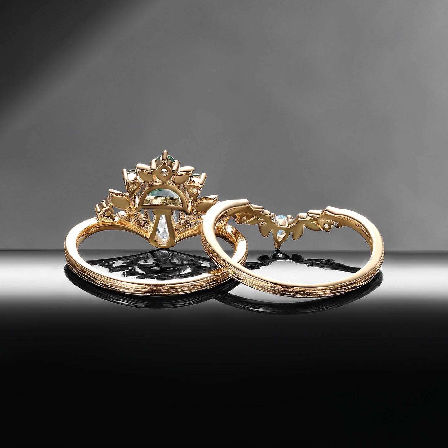 Tree of Life – Nature Inspired Half Moon Moss Agate & Coffin Moissanite Mushroom Engagement Ring Set with Bark Textured Band
