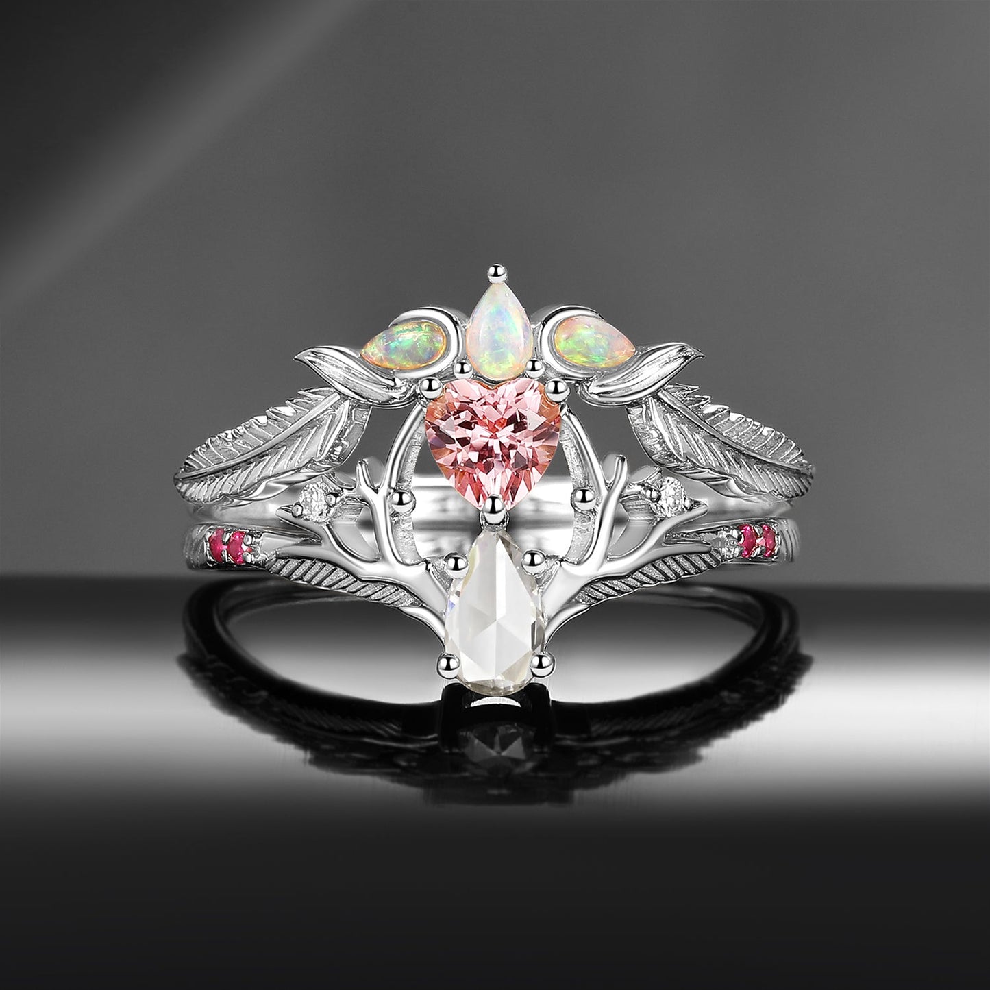 Tree of Life - Heart Lab Pink Sapphire + Pear Moissanite Engagement Ring Set with Feather Inspired Band