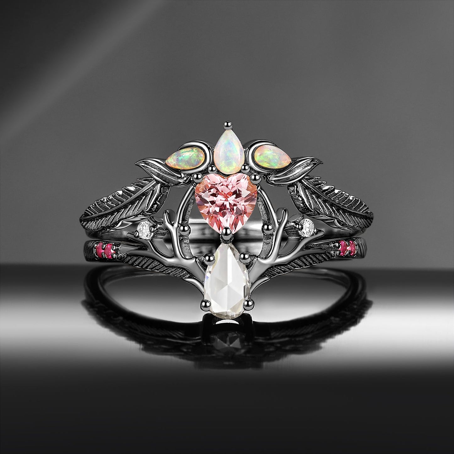 Tree of Life - Heart Lab Pink Sapphire + Pear Moissanite Engagement Ring Set with Feather Inspired Band