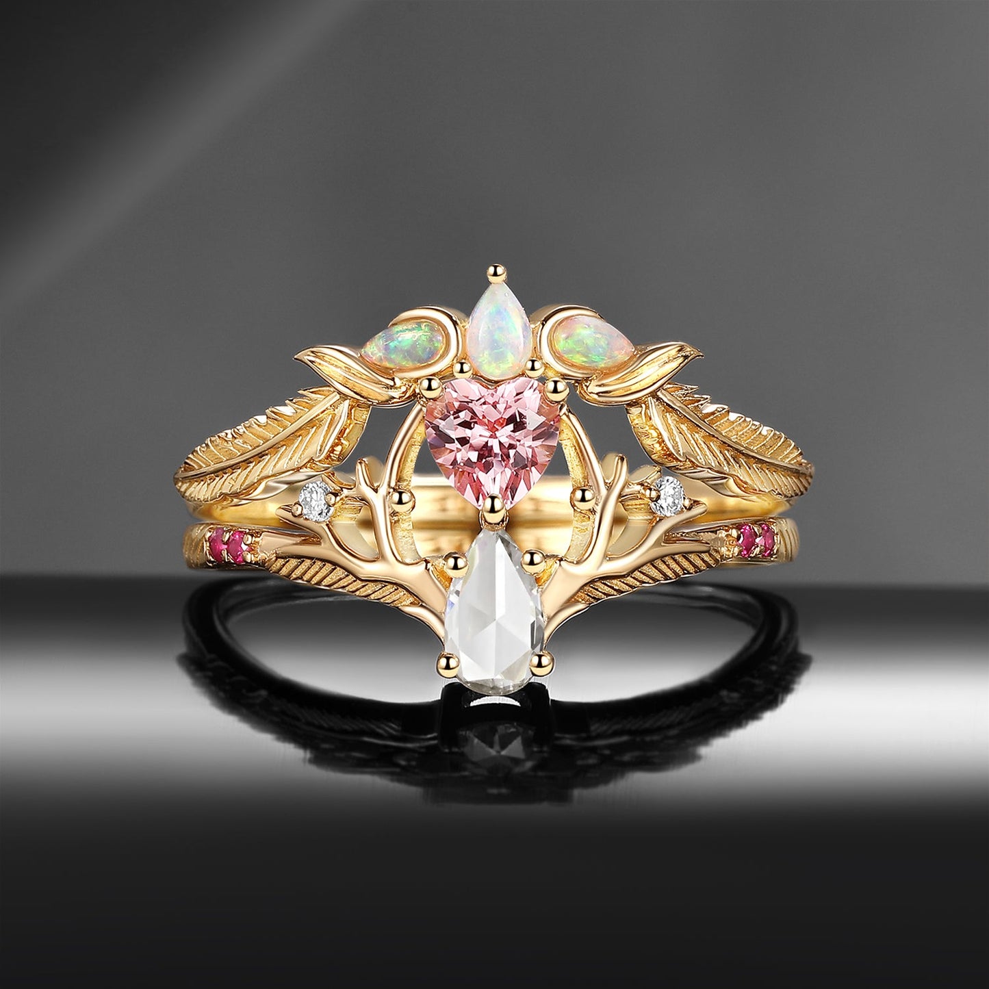 Tree of Life - Heart Lab Pink Sapphire + Pear Moissanite Engagement Ring Set with Feather Inspired Band