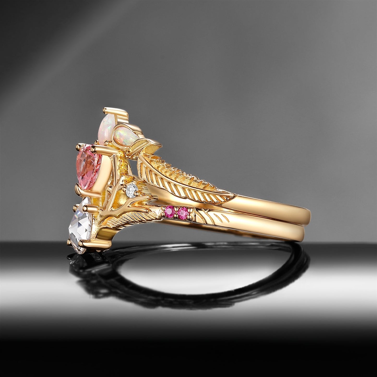 Tree of Life - Heart Lab Pink Sapphire + Pear Moissanite Engagement Ring Set with Feather Inspired Band
