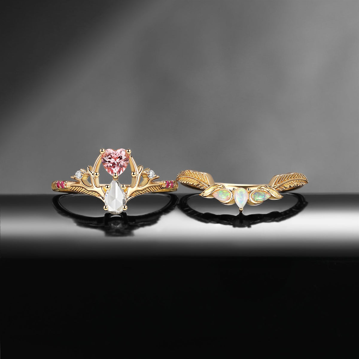 Tree of Life - Heart Lab Pink Sapphire + Pear Moissanite Engagement Ring Set with Feather Inspired Band