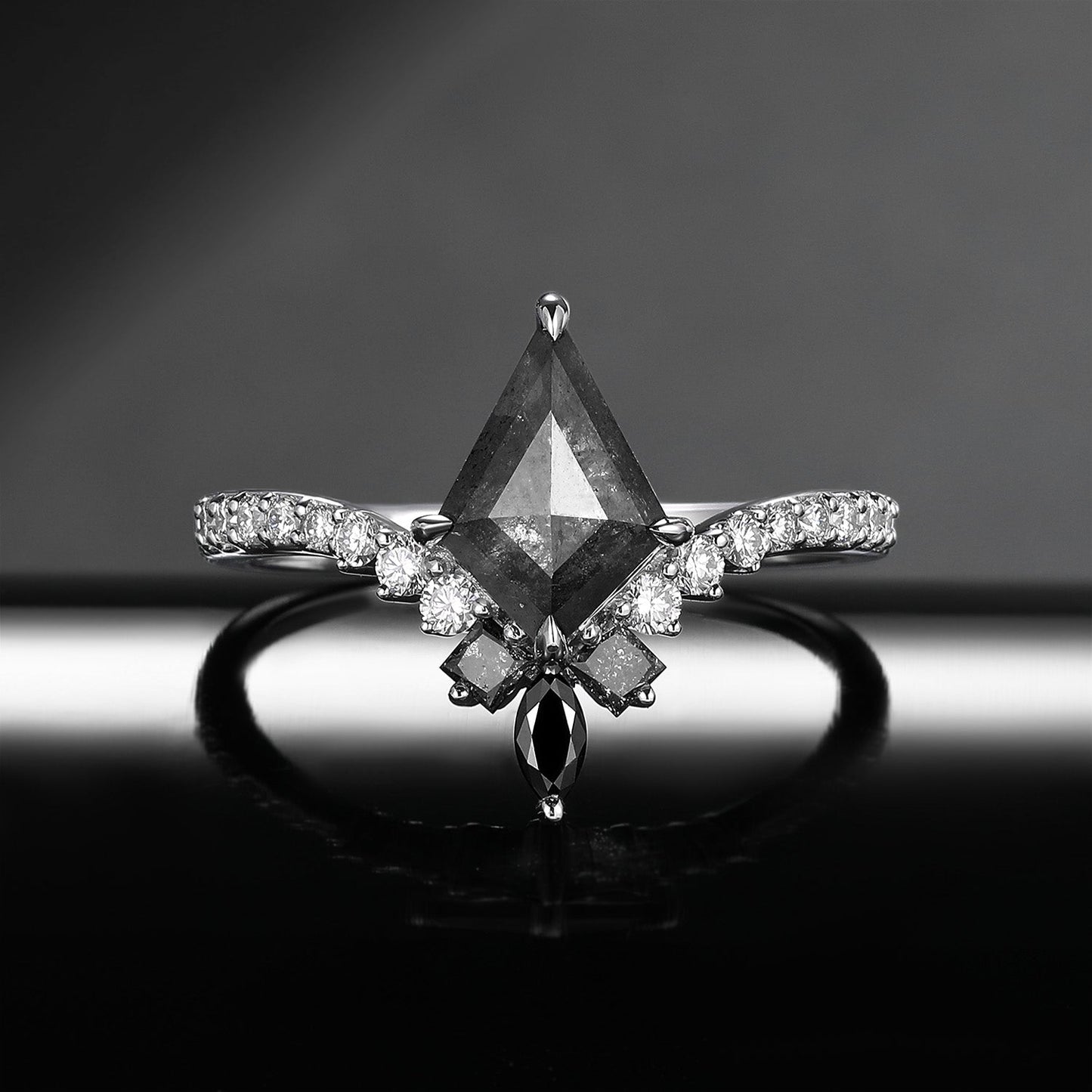Art Deco Kite Cut Natural Salt & Pepper Diamond Engagement Ring – Chevron Band with Diamond Accents