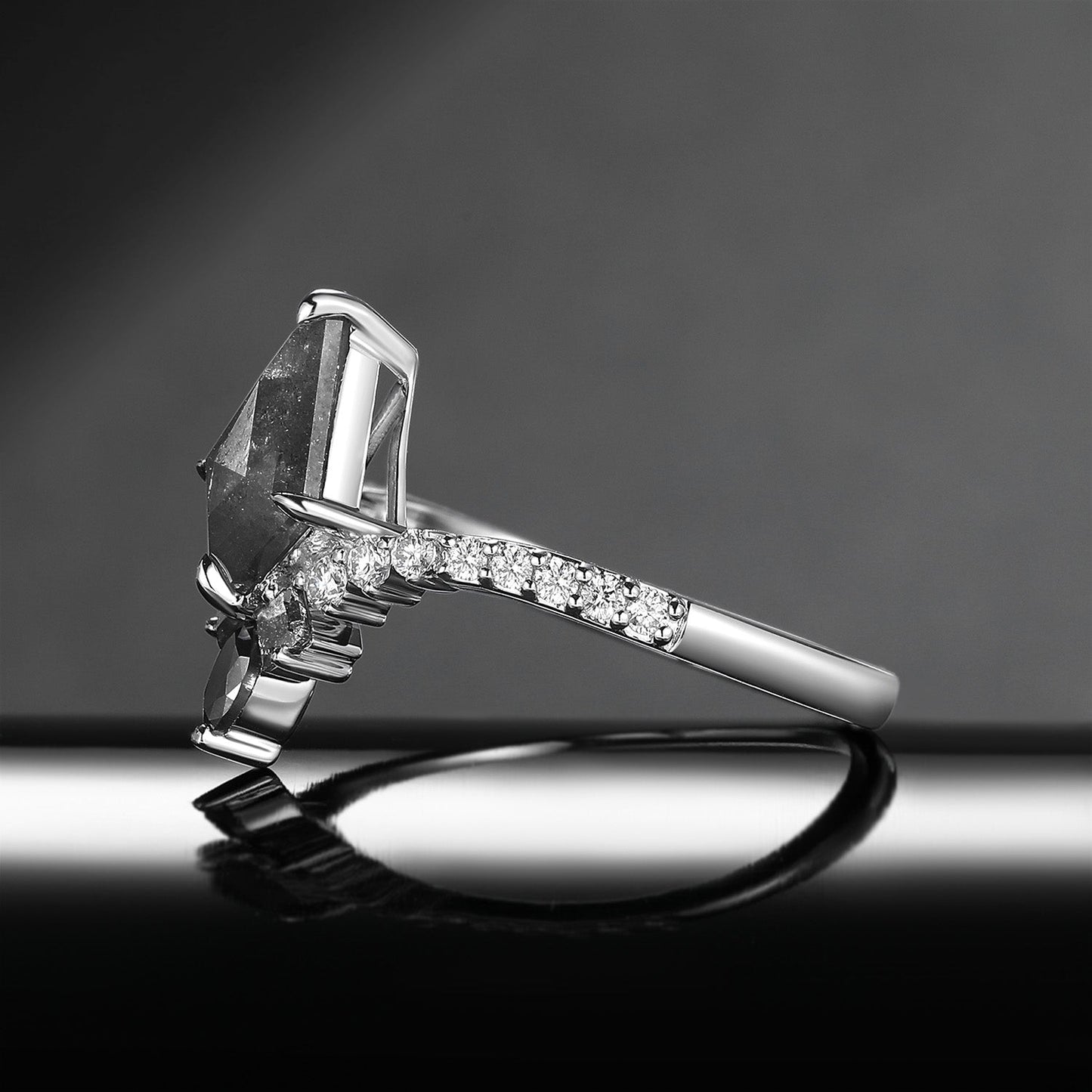 Art Deco Kite Cut Natural Salt & Pepper Diamond Engagement Ring – Chevron Band with Diamond Accents