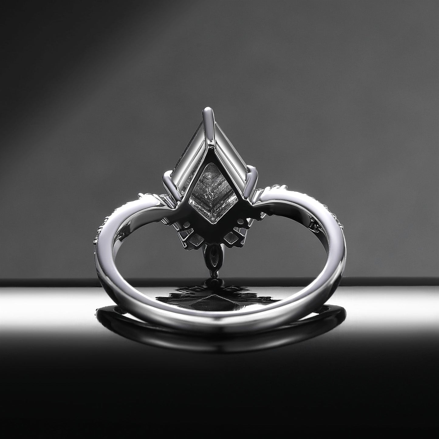 Art Deco Kite Cut Natural Salt & Pepper Diamond Engagement Ring – Chevron Band with Diamond Accents