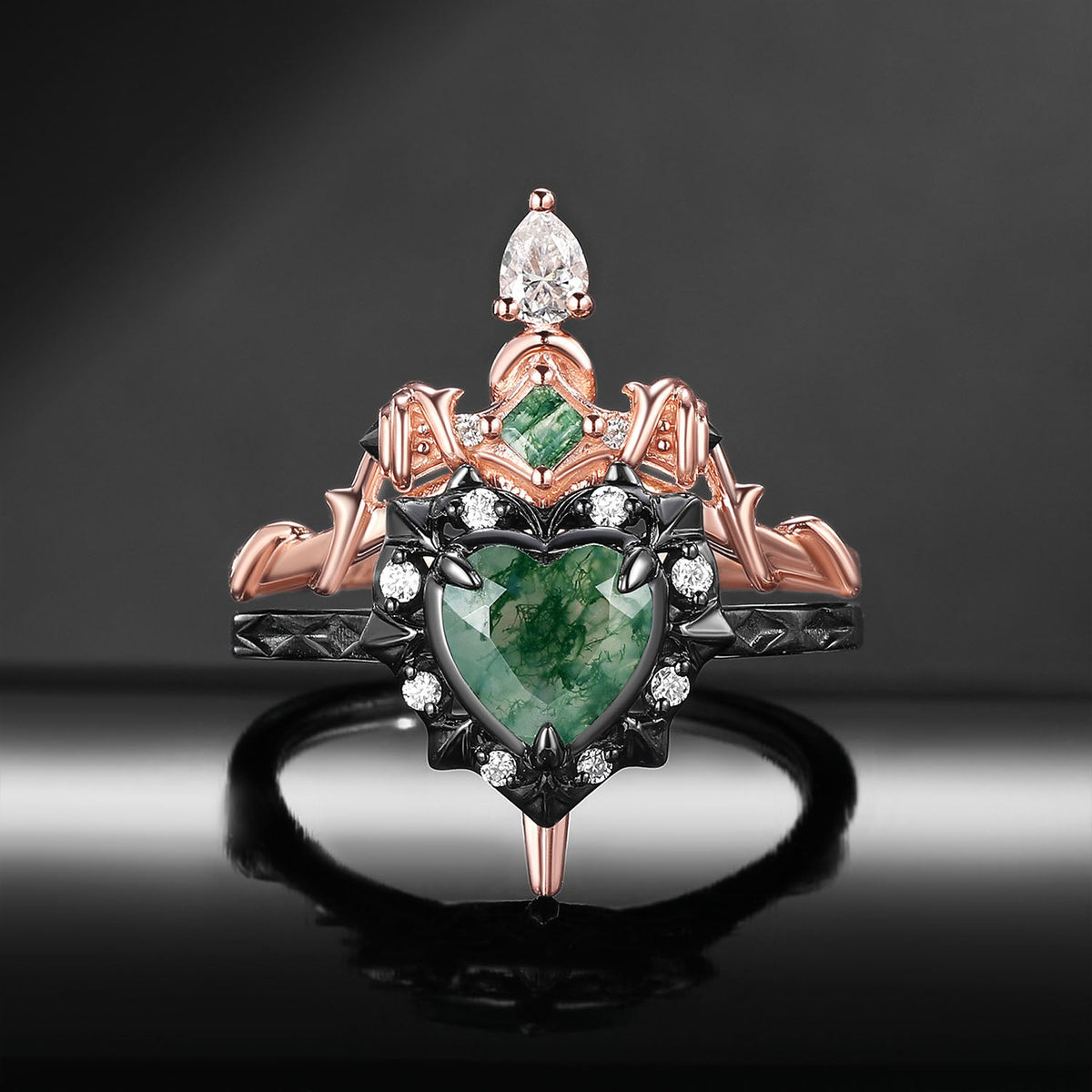 'Cupid's Arrow' - Gorhic Heart Cut Moss Agate Heart Sword Ring Alternative Bridal Set