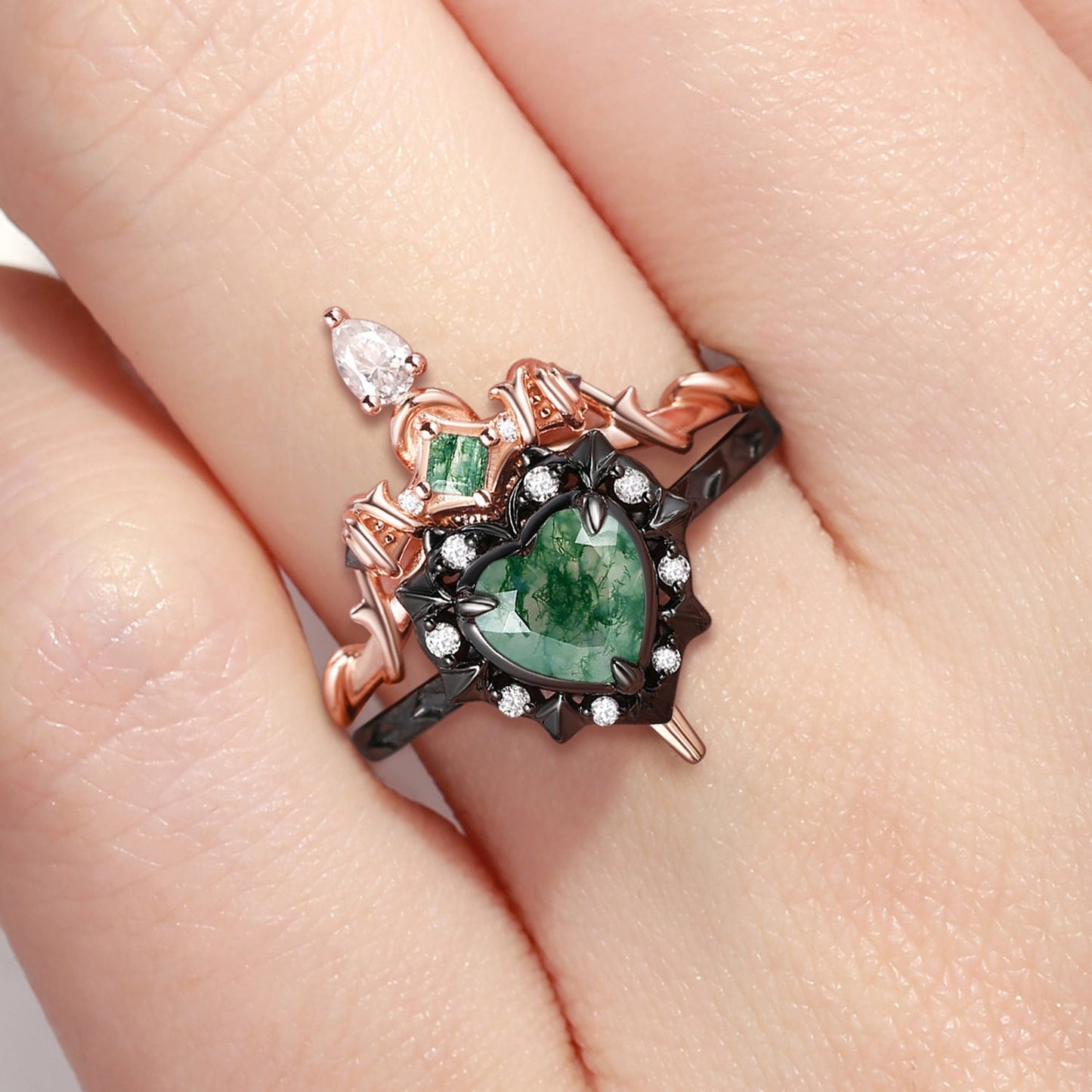 'Cupid's Arrow' - Gorhic Heart Cut Moss Agate Heart Sword Ring Alternative Bridal Set