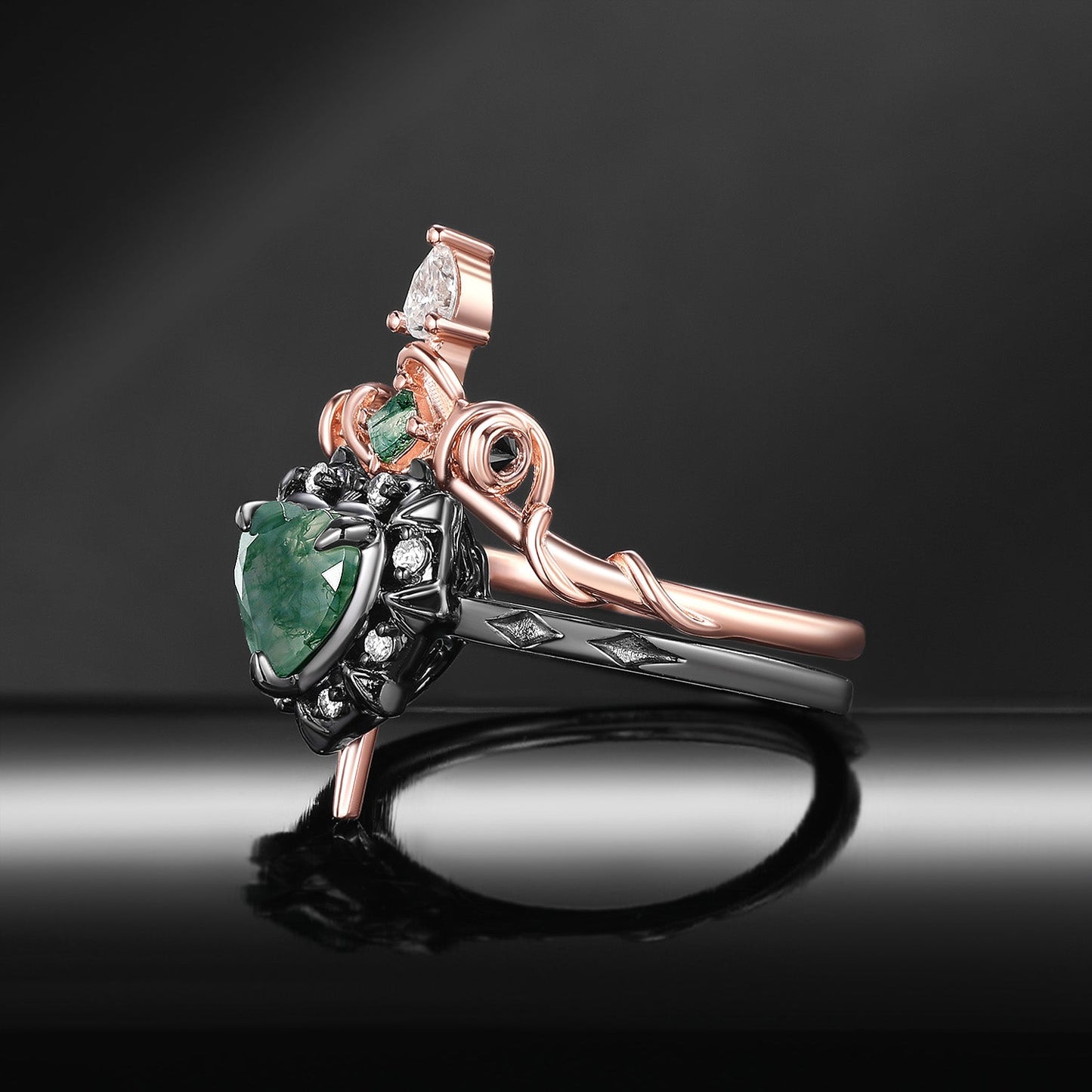 'Cupid's Arrow' - Gorhic Heart Cut Moss Agate Heart Sword Ring Alternative Bridal Set