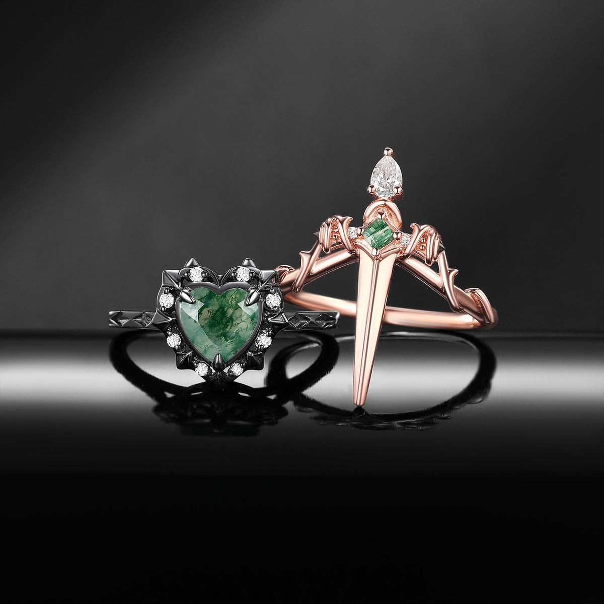 'Cupid's Arrow' - Gorhic Heart Cut Moss Agate Heart Sword Ring Alternative Bridal Set