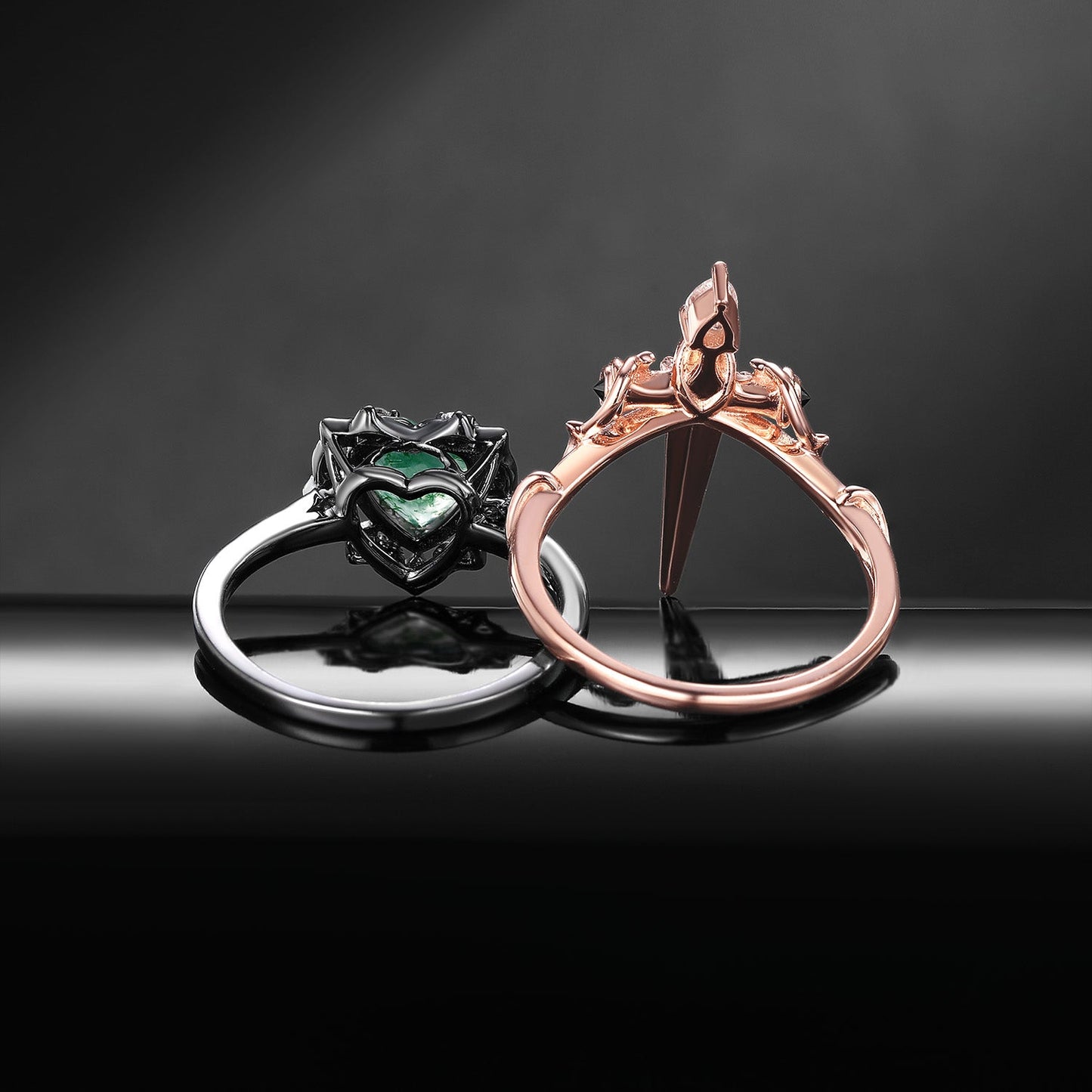 'Cupid's Arrow' - Gorhic Heart Cut Moss Agate Heart Sword Ring Alternative Bridal Set