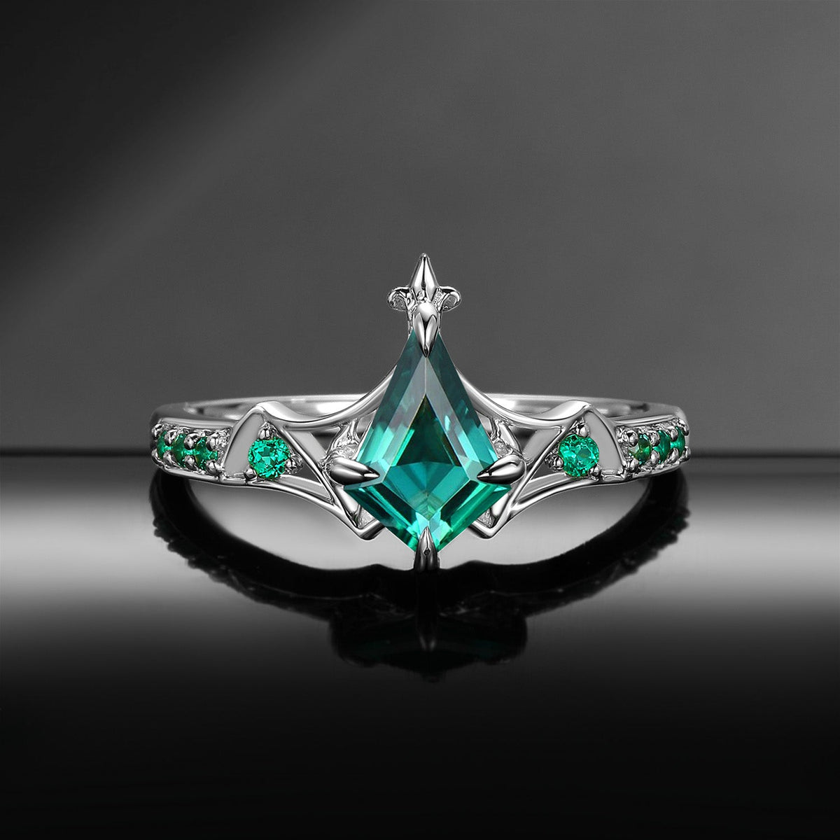 Gothic Bat Ring - Art Deco Kite Cut Lab Emerald Engagement Ring