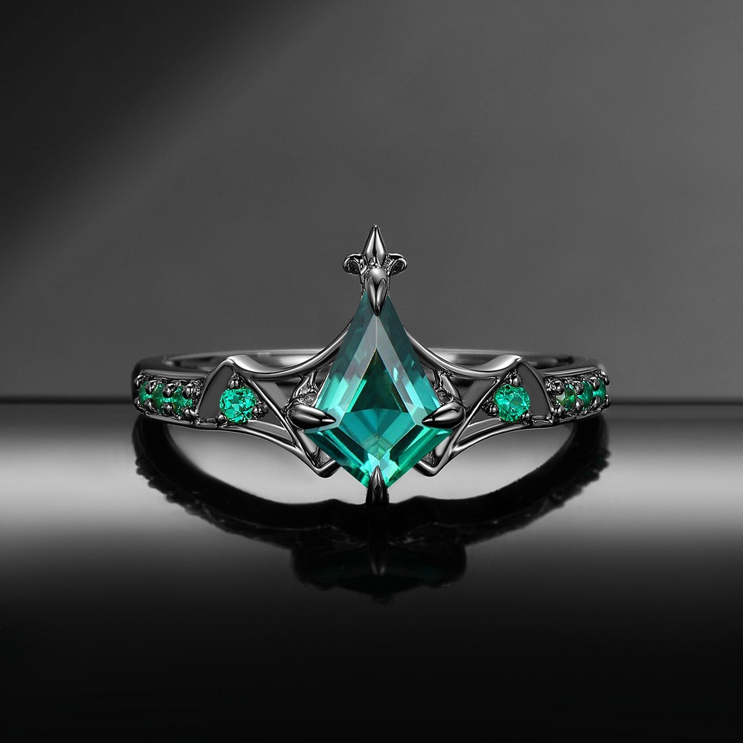 Gothic Bat Ring - Art Deco Kite Cut Lab Emerald Engagement Ring