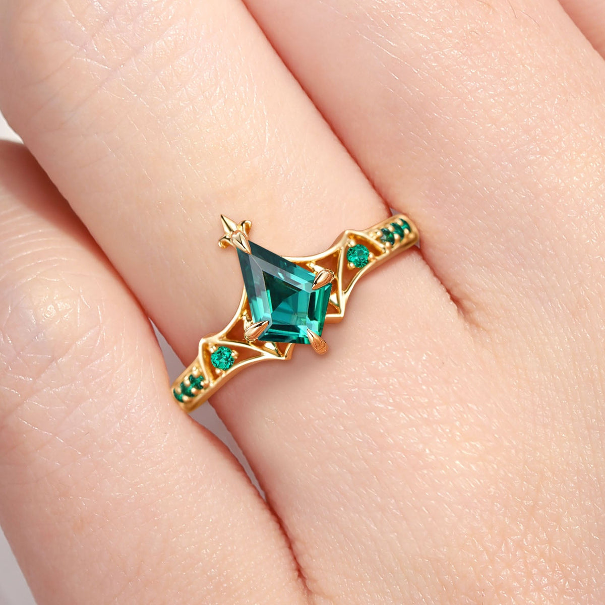 Gothic Bat Ring - Art Deco Kite Cut Lab Emerald Engagement Ring