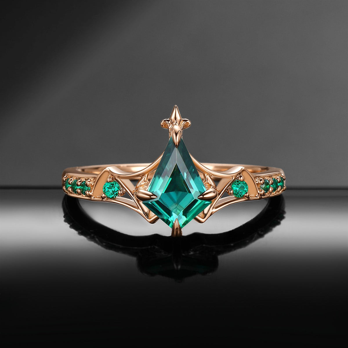 Gothic Bat Ring - Art Deco Kite Cut Lab Emerald Engagement Ring