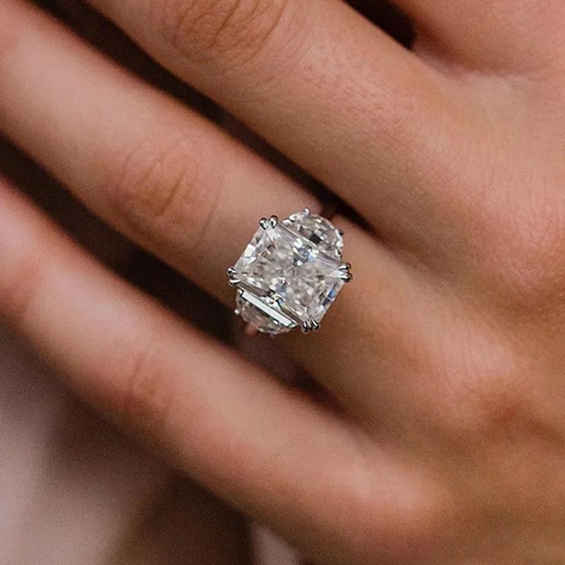 Lavish Radiant Cut 5.0ct Three Stone Engagement Ring In Sterling Silver