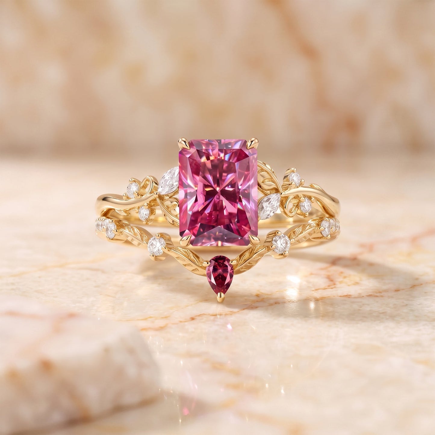 Luminous Reverie - Radiant Cut Pink Moissanite Leaf Vintage Engagement Ring Sets - Genista