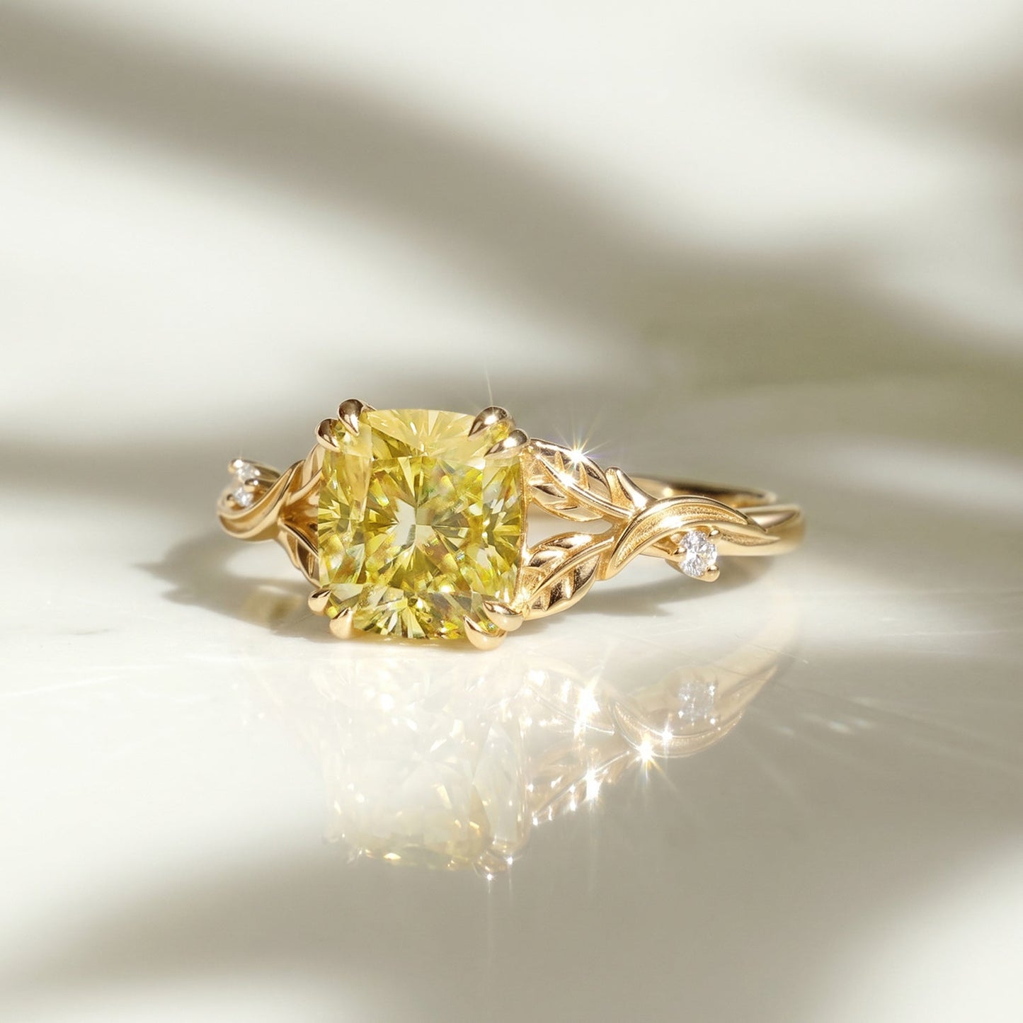 Luminous Reverie - Cushion Cut Yellow Moissanite Leaf Minimalist Engagement Ring - Lotus