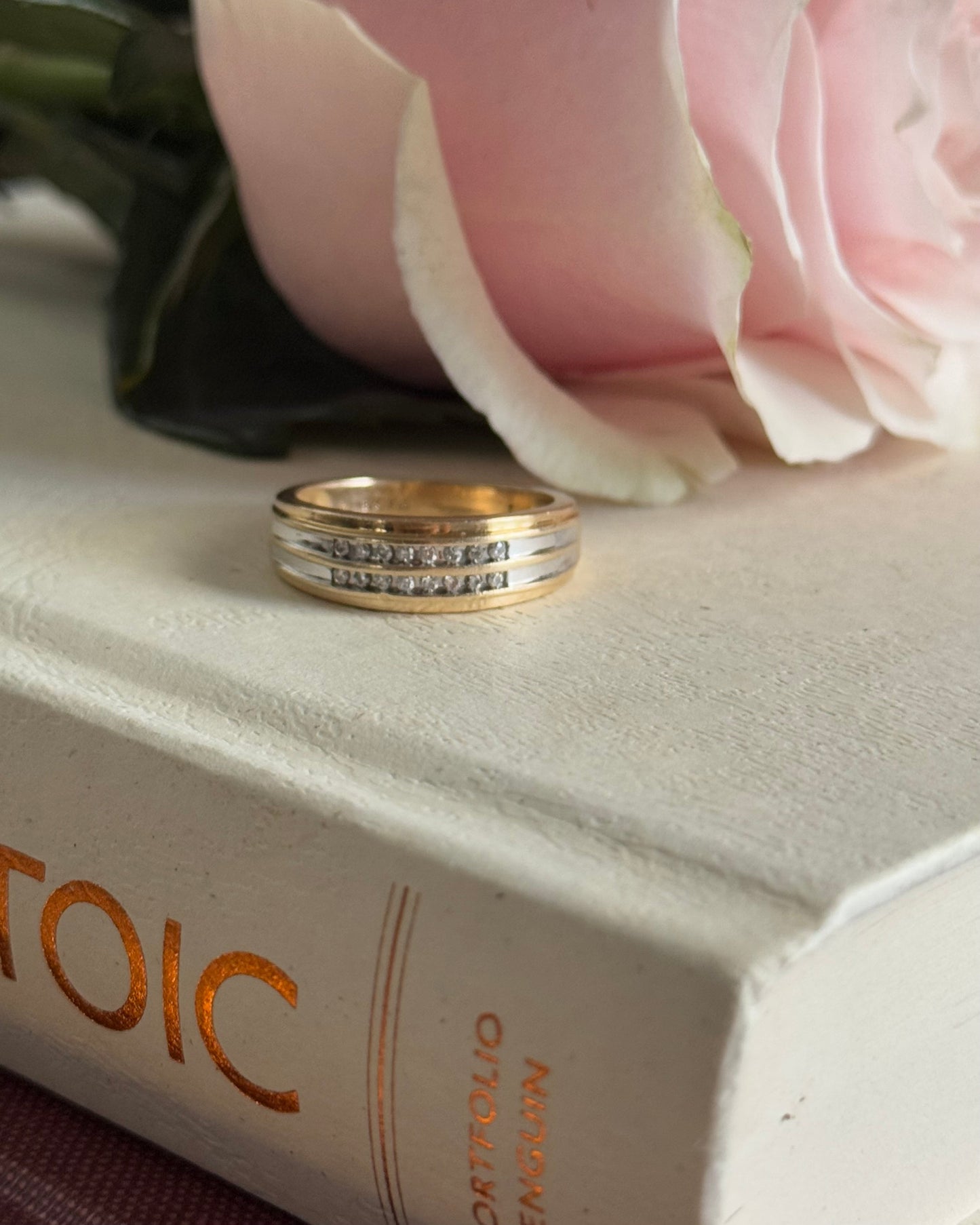 Vintage 14k Yellow Gold & Diamond Double Channel-Set Stacking Band