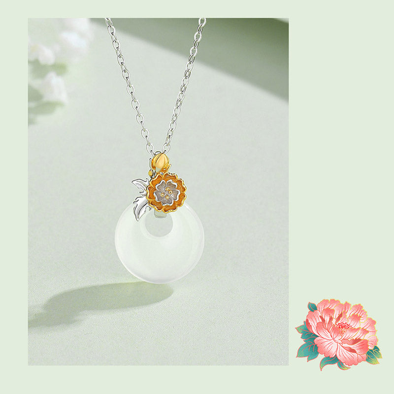 Fortune Jewel 925 Sterling Silver Round Chalcedony Twelve Months Flower Harmony Necklace Pendant
