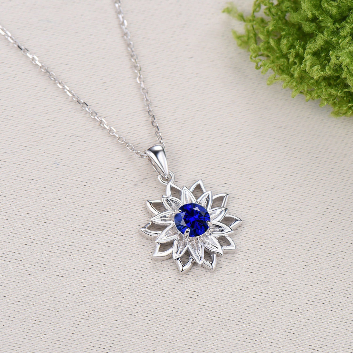 Round Sapphire Sunflower Pendant Necklace, Unique Lotus Floral Necklace, Lab Blue Sapphire Floral Jewelry, September Birthstone Gift for Her