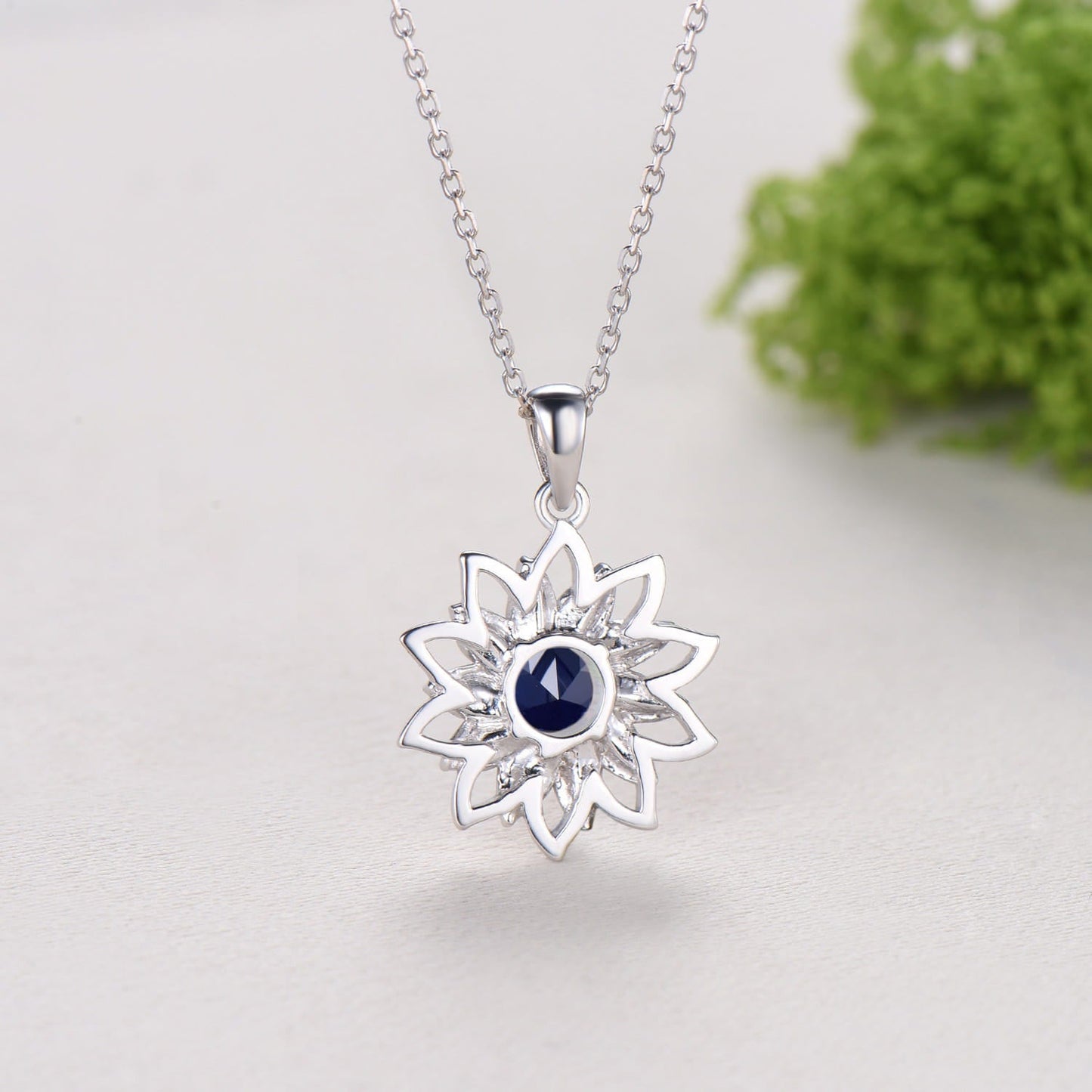Round Sapphire Sunflower Pendant Necklace, Unique Lotus Floral Necklace, Lab Blue Sapphire Floral Jewelry, September Birthstone Gift for Her