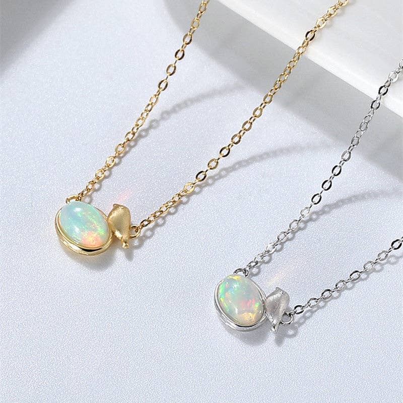 Cute Oval Opal Cabochon Bird Necklace in 925 Sterling Silver: Gold