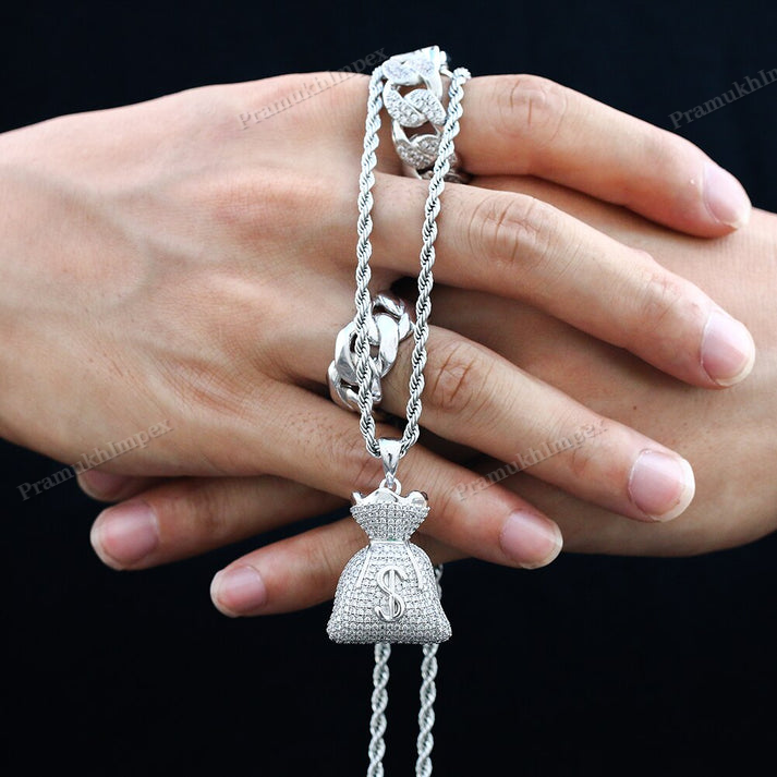 Moissanite Sterling Silver Money Bag Pendant