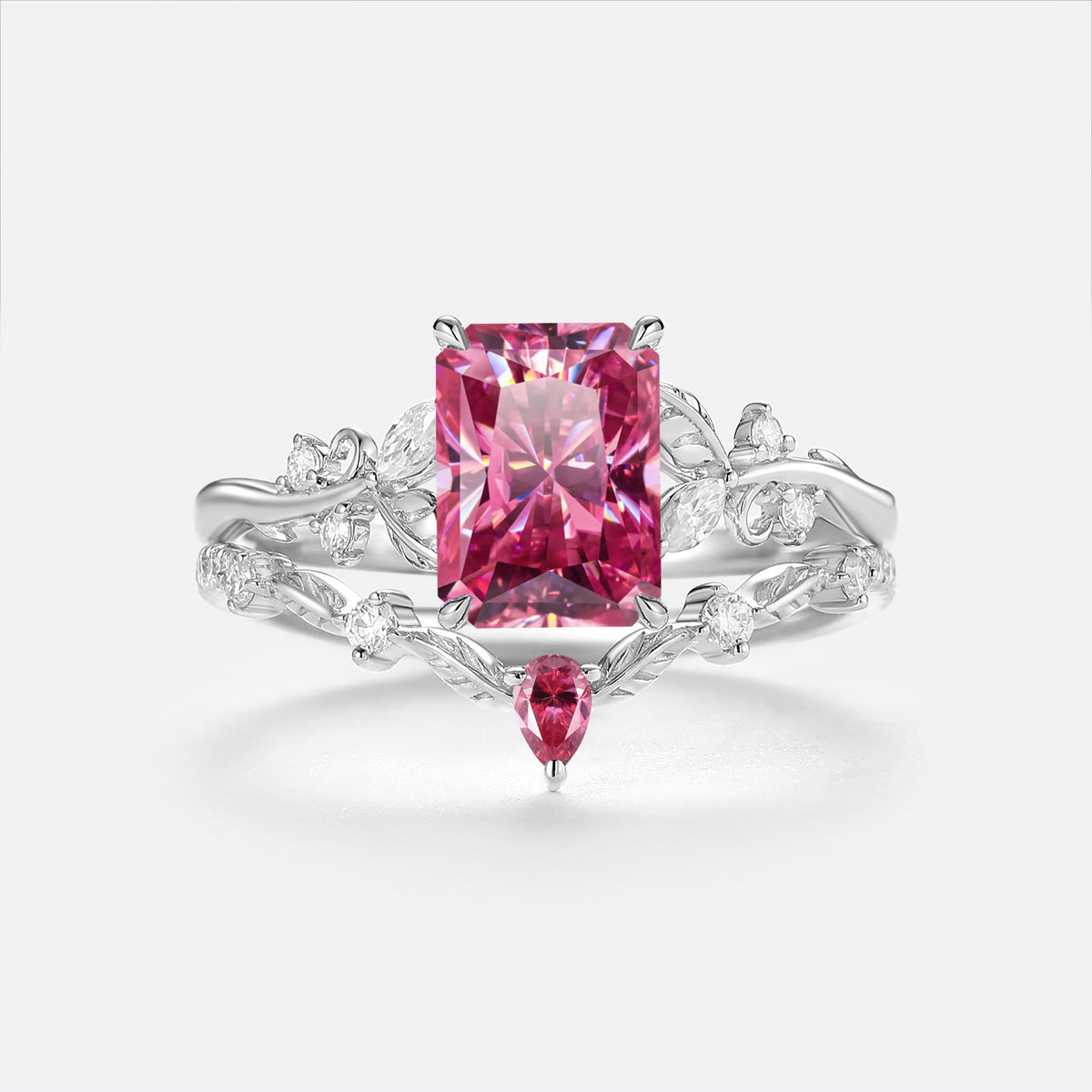 Luminous Reverie - Radiant Cut Pink Moissanite Leaf Vintage Engagement Ring Sets - Genista