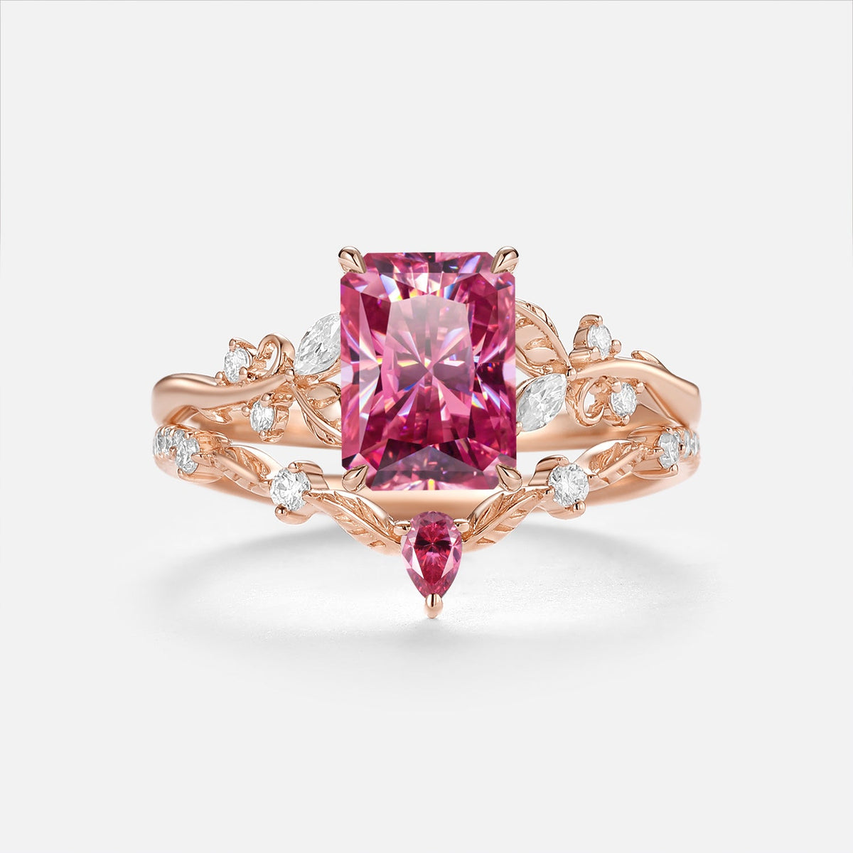 Luminous Reverie - Radiant Cut Pink Moissanite Leaf Vintage Engagement Ring Sets - Genista